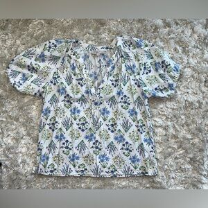 Loft Medium Top Puff Sleeves Tie Neck Floral Print White Blue Purple Yellow